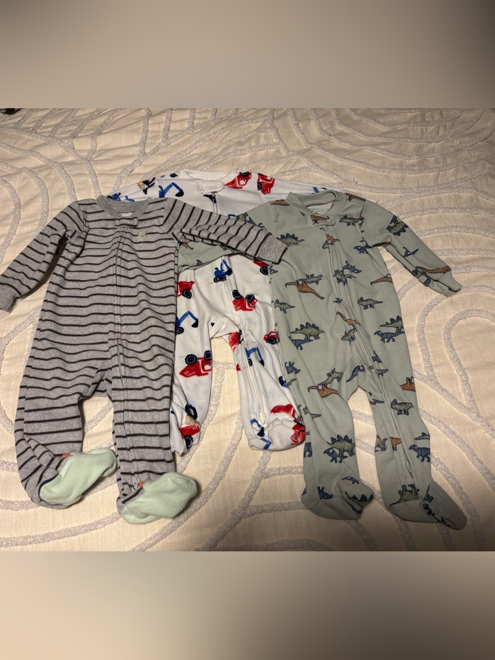 Carter's Gray Striped, White Firetruck, and Sage Dino Footed One-Piece Pajamas